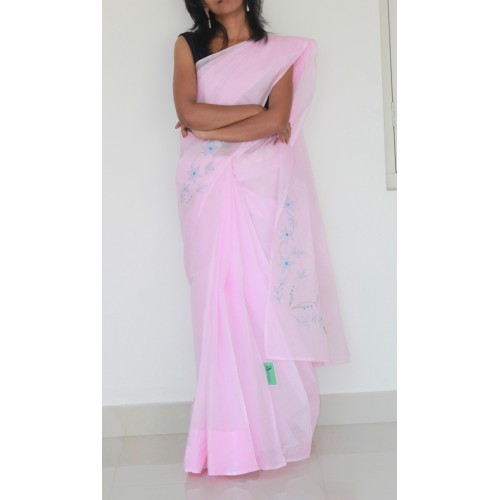 Baby Pink Hand embroidered Organdy Saree